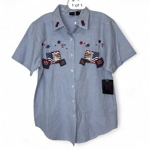 NWT Vintage Quizz Again & Co Eagle Flag Embroidered USA Shirt Womens Small